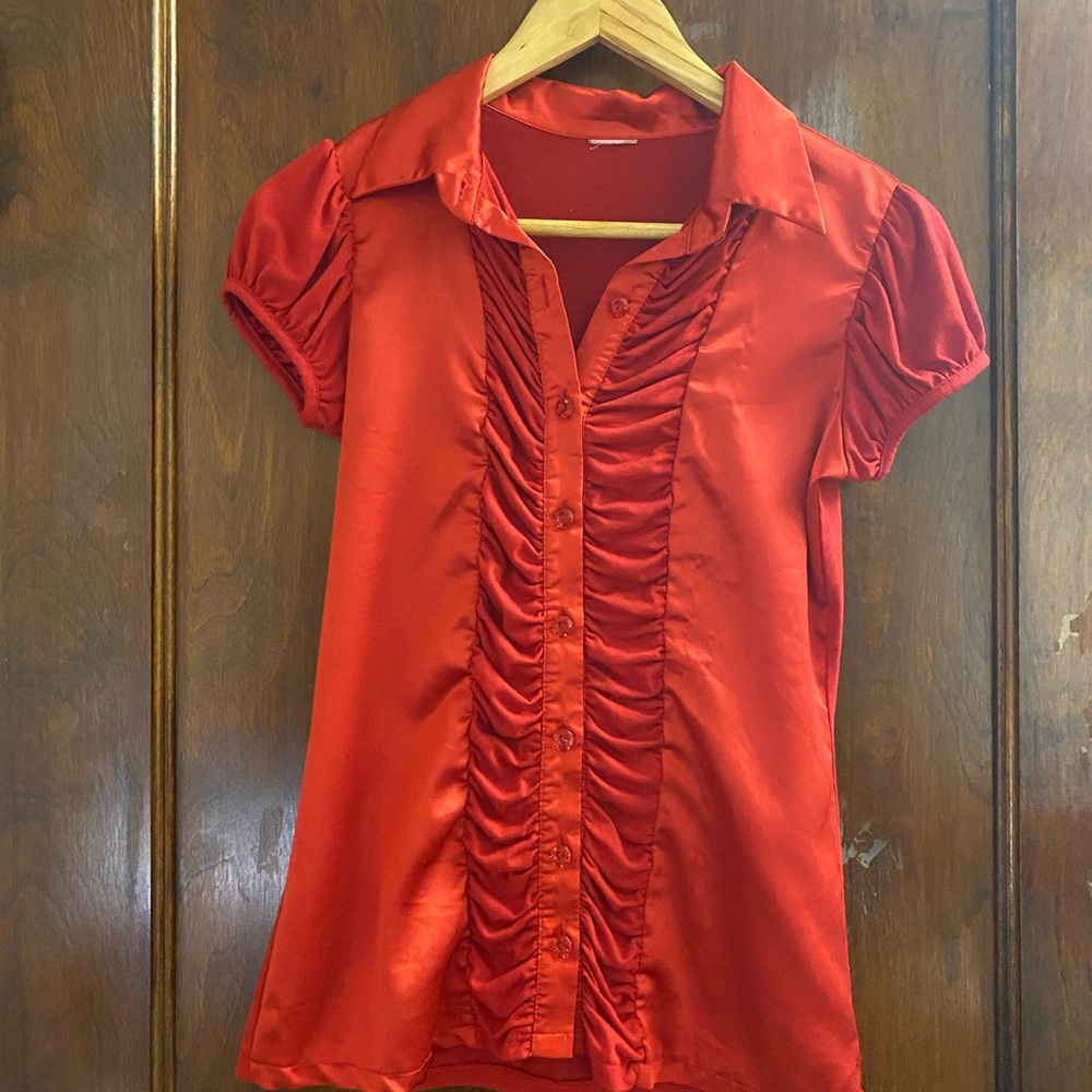 Red Silk Short Sleeve Blouse